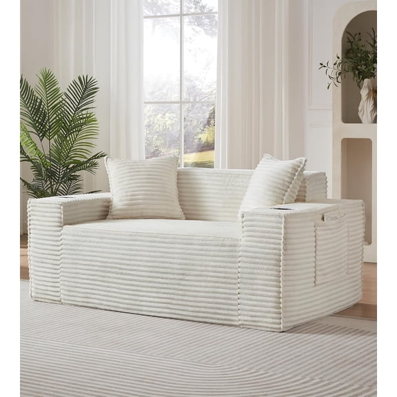 YWEN 61" Boneless Sofa Couches with Cup Holder,2 Seat Loveseat Sofas with Side Pocket for Compact Living Rooms, Apartments (Beige White, Loveseat Sofa)
