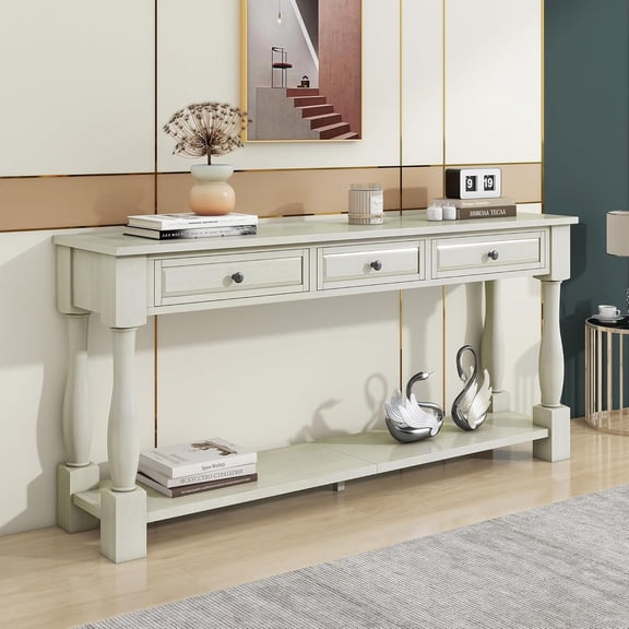 YWEN 64 Inch Long Antique Entry Console Table with Drawers & Bottom Open Shelf, Solid Wood Sofa Couch Table for Entryway Hallway Living Room
