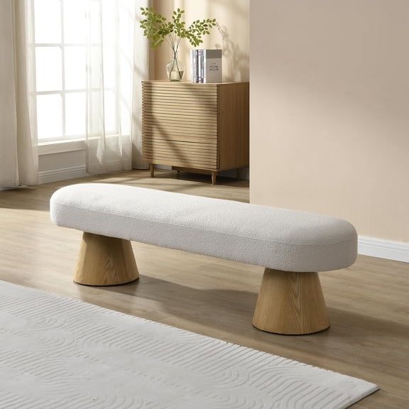 YWEN 64" Oval Dining Bench, Boucle Ottoman Bench, Large Dining Chair, Entryway Bench, Comfort Long Footstool for Living Room Dining Room, No Assembly Needed, Beige