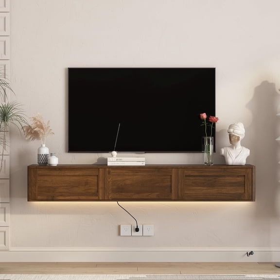 YWEN 68.9" Floating TV Stand with LED Lights and Outlets, Wall Mounted TV Shelf for Living Room Brown