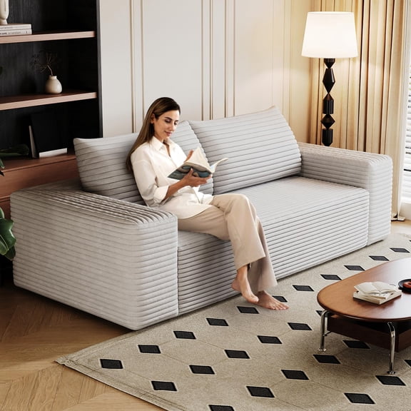 YWEN 71" Boneless Corduroy Modular Couch with Deep Seat Memory Foam, Comfy Small Cloud Couch for Small Spaces, No Assembly Required Sofa for Living Room, Bedroom & Apartment (White, 71inch)