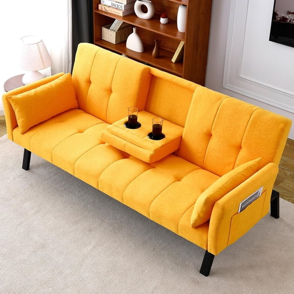 YWEN 72" Cotton Linen Futon Couch Living Room Couch Bed Convertible Sleeper Sofa Bed with Cup Holder for Bedroom Guest Bed 2 Seater Reclining Sofas Couches with Nailhead Trim for Small Space