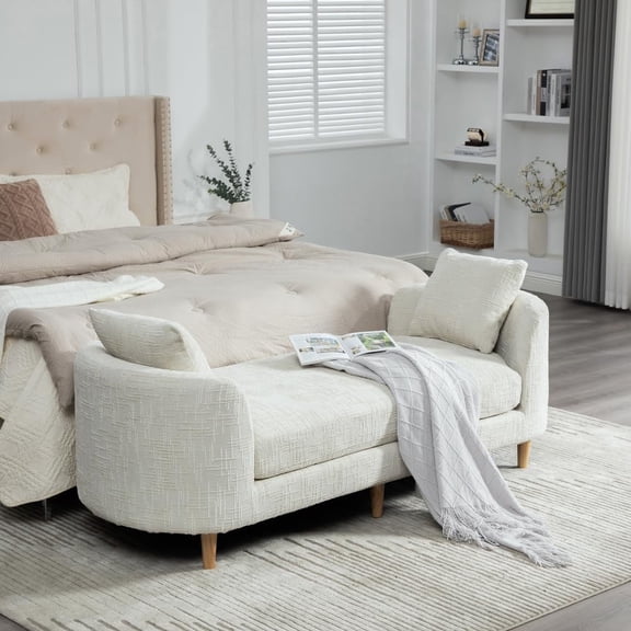 YWEN 77.2" Chenille End of Bed Bench Chaise Lounge, Upholstered Bedroom Bench with Arms & Bolster Pillows, Rubberwood Legs for Living Room Apartment Guest Room