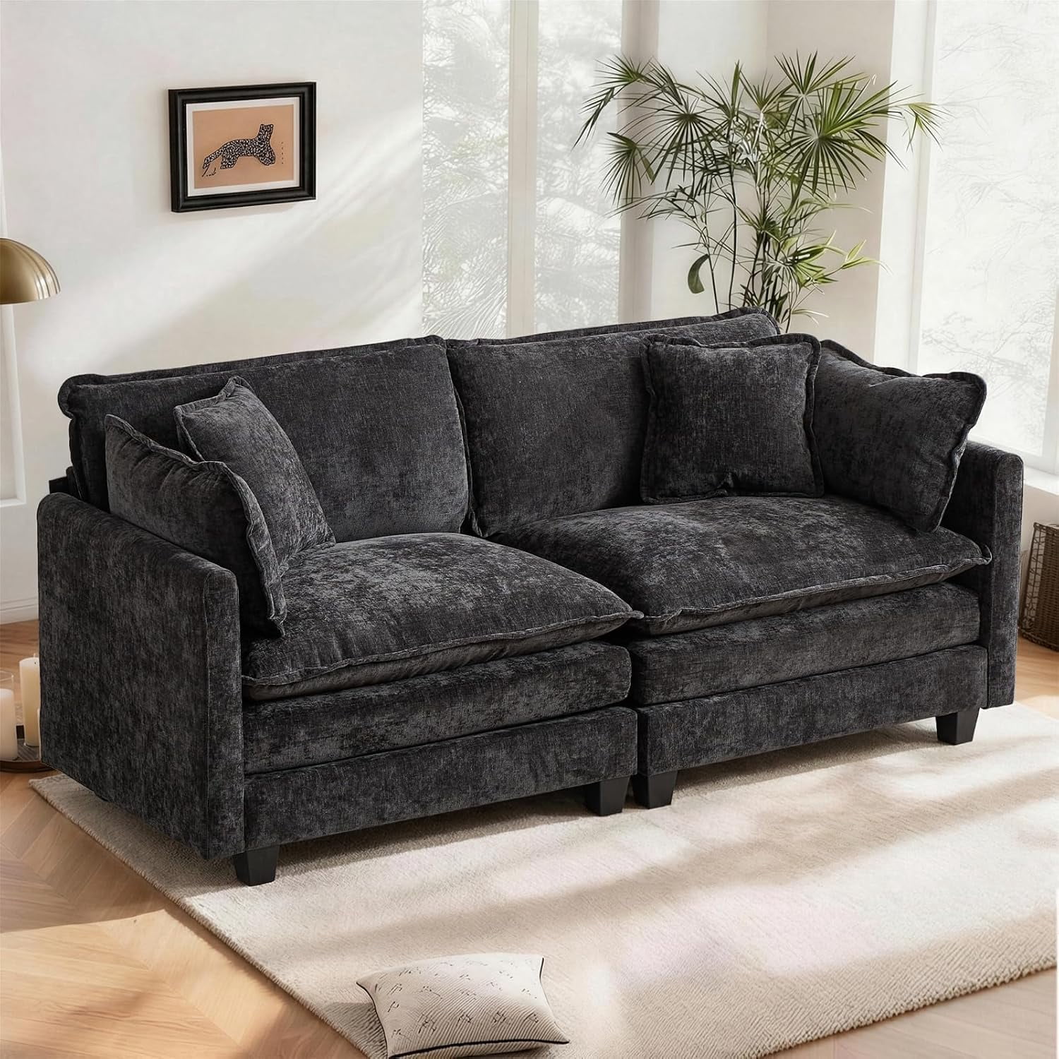 YWEN 77.95" Chenille Sectional Sofa, Comfy Modular Loveseat Sofa, Modern 2-Seat Couch Deep Seat Sofa Set for Living Room,Black