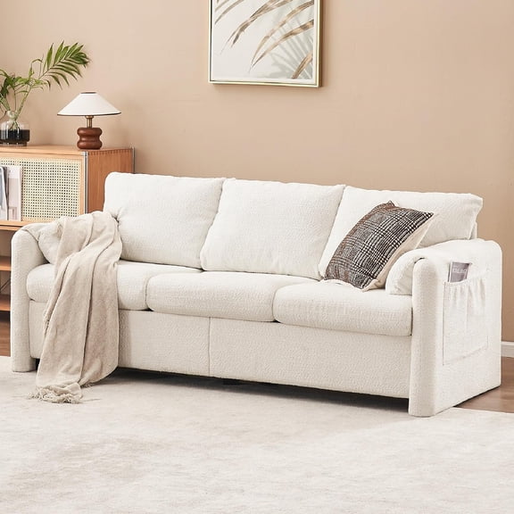 YWEN 77" Chenille Sofa with Storage Pocket, Modern 3 Seats Cloud Soft Couch W/Thick Cushion, Comfortable Upholstered Deep Seating Sofa for Apartment, Office, Living Room, Ivory White