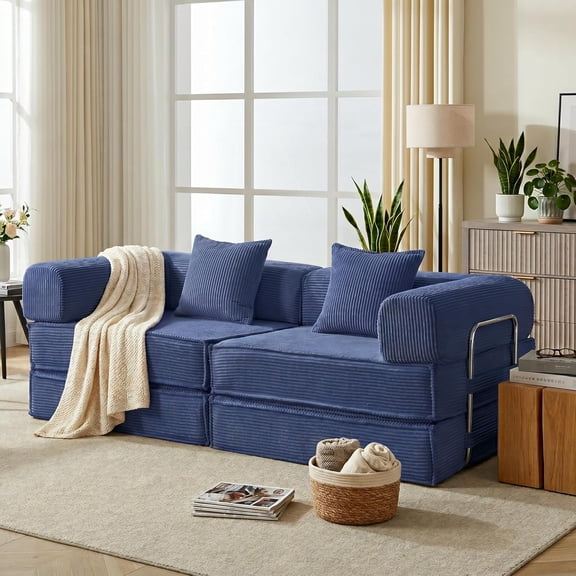 YWEN 78" Convertible Sleeper Sofa Bed with 2 Pillows,Modular Corduroy Boneless Couch, No Assembly, High-Density Foam, Non-Slip Base, Space-Saving for Apartment Living Room Studio