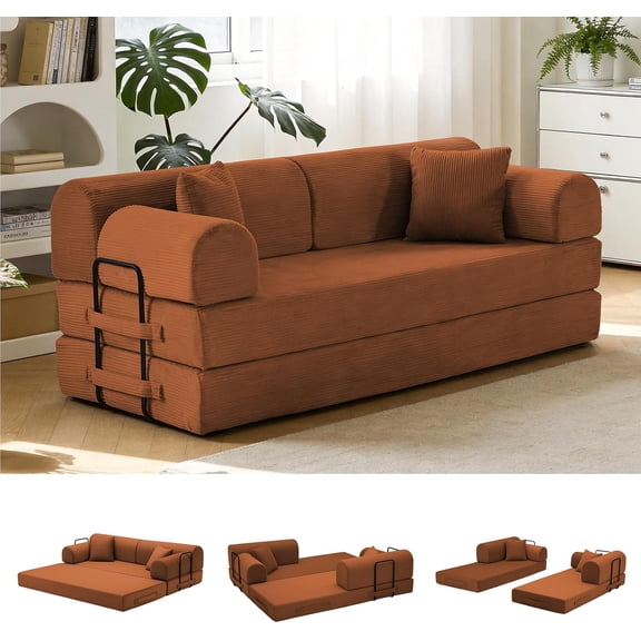 YWEN 79'' Convertible Sofa Bed, 6 in 1 Folding Floor Futon Couch Sleeper with Fixed Frame, Corduroy Modular Sofa Bed with Removable Armrests & Pillows, No Assembly for Living Room Bedroom