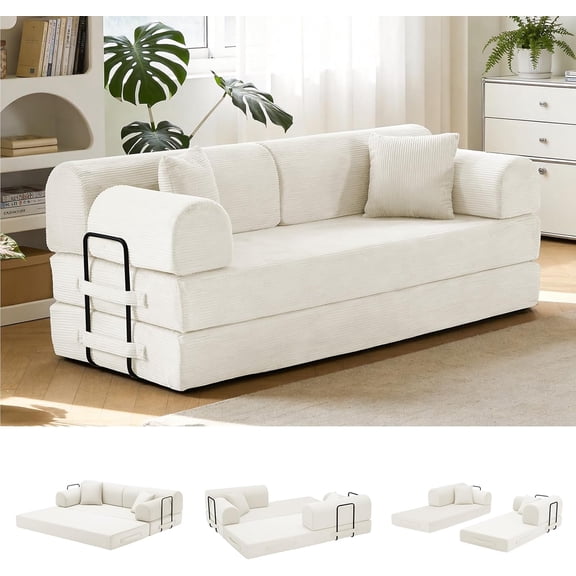 YWEN 79'' Convertible Sofa Bed, 6 in 1 Folding Floor Futon Couch Sleeper with Fixed Frame, Corduroy Modular Sofa Bed with Removable Armrests & Pillows, No Assembly for Living Room Bedroom