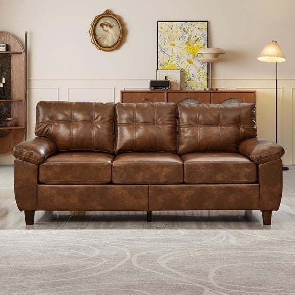 YWEN 79-inch 3 Seater Couch with Storage, Mid-Century Vintage Retro Faux Leather PU Upholstery Tufted Cloud Comfy Deep Seat Sofa Couch for Living Room Office Apartment
