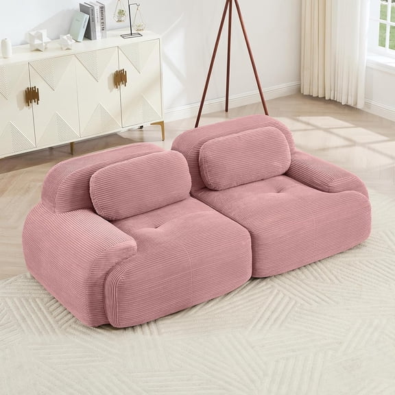 YWEN 80" Modern Compressed Boneless Love Seat Couches, 2 Seater Large Sectional Couches for Living Room, Pink Corduroy Cloud Modular Sectional Sofa, Memory Foam, Extra Deep Loveseat, No Assembly