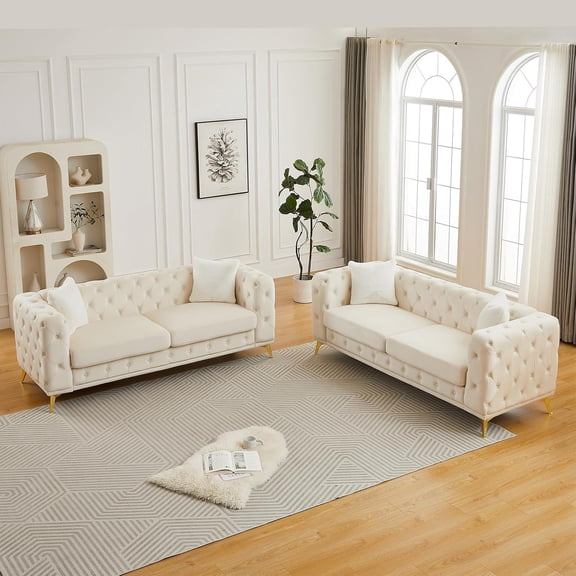 YWEN 82.5-inch 3 Seater Couch Set, Chesterfield Vintage Mid Century Modern Velvet Upholstered Button Tufted Deep Seat Sofa Couch Furniture Set with 4 Throw Pillows for Living Room Office,