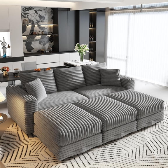 YWEN 82" Boneless Couches for Living RoomL-Shaped Sofa with 3 Ottoman3 Seater Modular SofaMemory Foam Sectional SofaCloud Couch Sectional CouchEasy to Sssemble Grey