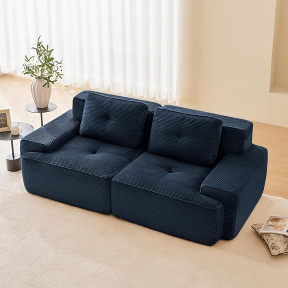 YWEN 82" Modern Compressed Boneless Love Seat Couches, 2 Seater Large Sectional Couches for Living Room, Blue Corduroy Cloud Modular Sectional Sofa, Memory Foam, Extra Deep Loveseat, No Assembly