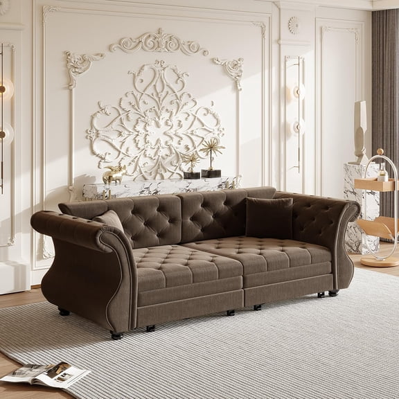 YWEN 83.8'' Queen Size Pull Out Sofa Bed, Velvet 3-in-1 Convertible Sleeper Sofa Bed, Chesterfield Rolled Arm, Flower Tufted, Oversized Deep Seat Loveseat Sofa for Living Room, Apartment, Brown