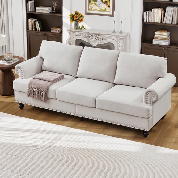 YWEN 83-inch 3 Seater Couch with Storage, Mid Century Chesterfield Faux Leather Vintage Retro Classic Sofa Couch with Nailhead Trim & Rolled Armrests for Living Room Bedroom Office