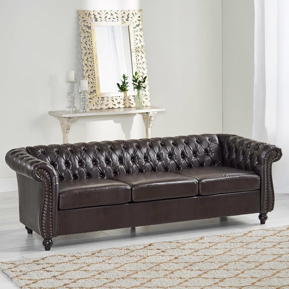 YWEN 84.75" Chesterfield PU 3-Seater Sofa with Button Tufting, Nailhead Accents, Scrolled Arms & Turned Legs