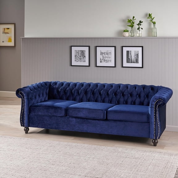 YWEN 84.75" Chesterfield PU 3-Seater Sofa with Button Tufting, Nailhead Accents, Scrolled Arms & Turned Legs