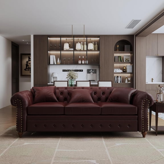 YWEN 85.8" Tufted Leather Chesterfield Sofa with Storage, PU Chesterfield Couch with 3 Seats, Modern Chesterfield Sofa with Rolled Arm, Button Tufted Sofa for Living Room, Burgundy