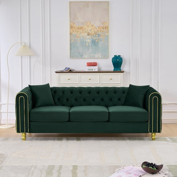 YWEN 86" Modern Chesterfield Velvet Sofa, Luxury 3-Seater Couch with Button Tufted Rolled Arms and Gold Pine Legs, High-Density Cushion 2 Accent Pillows, Quick Assembly for Living Room