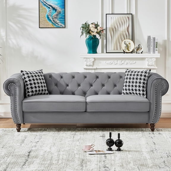YWEN 87" Chesterfield Sofa, Mid Century Upholstered Button Tufted Sofa, 3 Seater Velvet Couch with Roll Armrest & Nailhead for Living Room Office