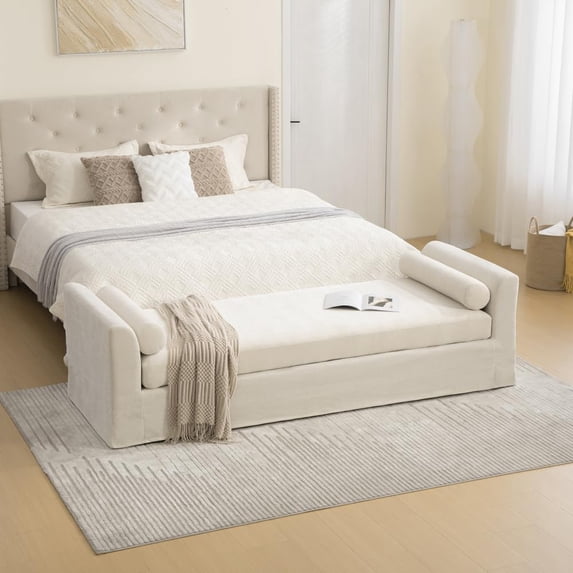 YWEN 88.58" Chenille End of Bed Bench Chaise Lounge, Upholstered Bedroom Bench with Armrests & Bolster Pillows, PVC Legs for Living Room Entryway Apartment Dorm