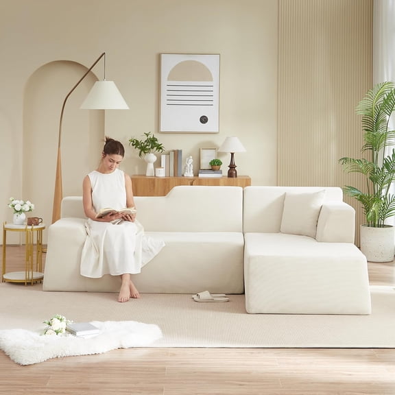 YWEN 96" Corduroy Deep Seat Chaise Lounge Indoor, Modern Boneless Compressed Floor Sectional Sofa with High Back, Free Combination Modular Cloud Sectional Sofa with Pillows for Living Room