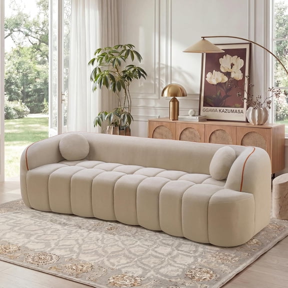 YWEN 98.4" Modern Compressed Boneless Sofa Couch, 3-Seat Cloud Couch Bubble Channel Tufted Couches with 2 Pillows, Comfy Deep Seat Corduroy Sofa for Living Room Apartment Office No Assembly