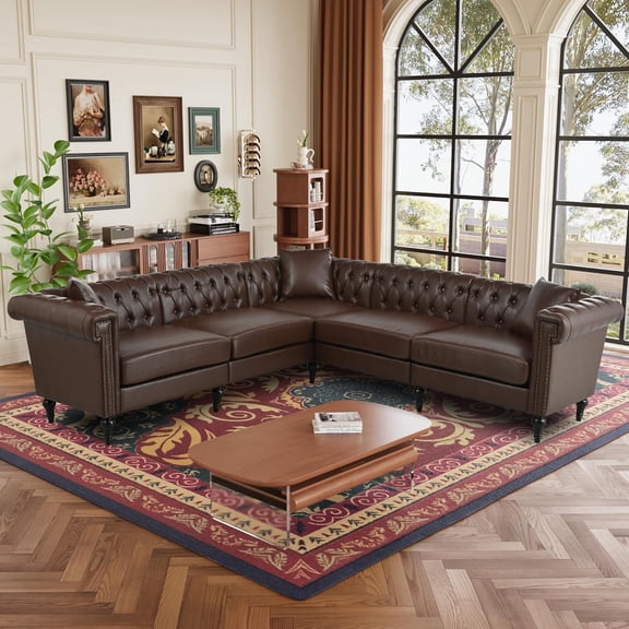 YWEN 99" L-Shaped Luxury PU Leather Chesterfield Sectional Sofa with Rolled Arms and Nailhead, Mid-Century Style Oversized 5-Seater Button Tufted Couch, Easy Assembly, for Living Room