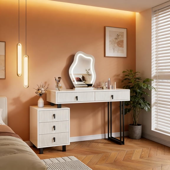 YWEN Adjustable Makeup Vanity Desk with Cloud LED Light Mirror, Modern White Dressing Table with 3-Color Dimming, Extendable Fluted 3-Drawer Cabinet, High Gloss Vanity Set for Bedroom & Small Spaces