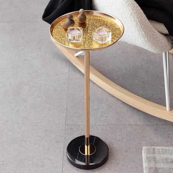 YWEN Adjustable Side Table, Small Tea Martini Table, Gold, Natural Marble Decorative Pedestal End Table for Display and Storage (Gold + Large)