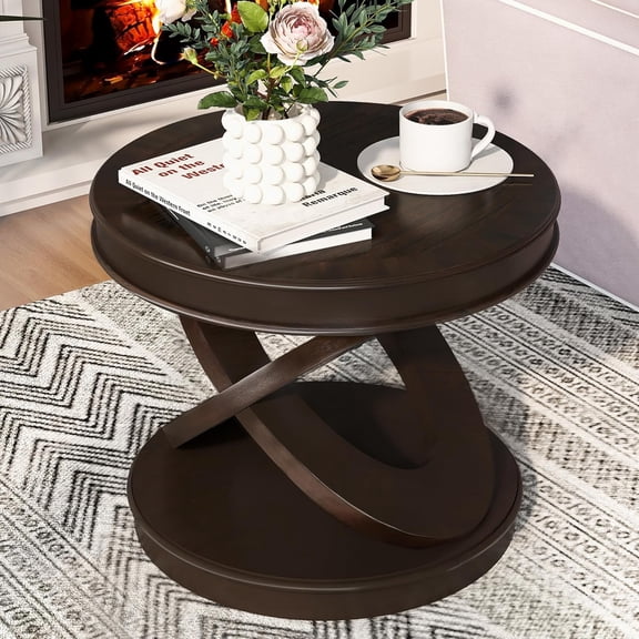 YWEN Amposei Retro Round End Table 22-Inch Wooden Bedside Sofa Side Table Accent Furniture with X-Shape Base for Living Room Bedroom