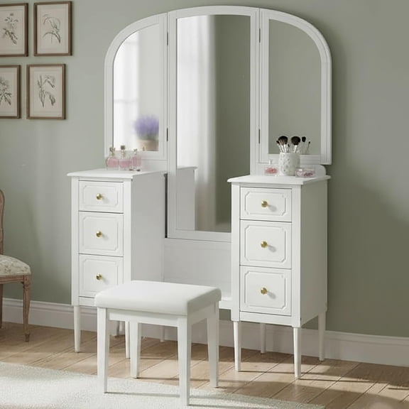 YWEN Antique Vanity Desk with Triple Mirror, 46" Makeup Vanity Set with Cushioned Stool, Large Dressing Table with 6 Storage Drawers for Bedroom Dressing Room, White