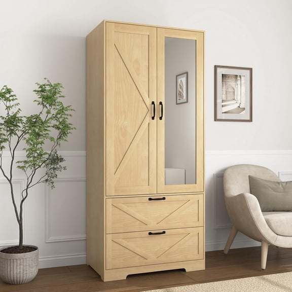 YWEN Armoire Wardrobe Closet with Mirror and 2 Drawers, 72'' Bedroom Armoire Wardrobe Cabinet with Hanging Rod and Light,Wooden Bedroom Closet with Adjustable Shelf