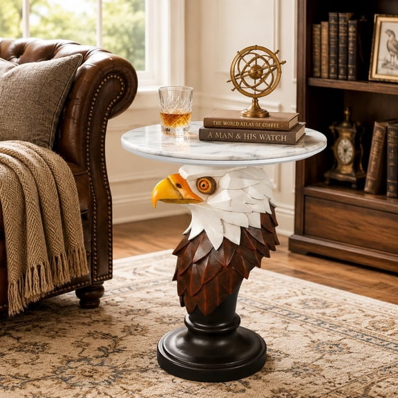 YWEN Bald Eagle Side Table, Resin Animal Base End Table with Faux Marble Top, Decorative Statement Piece for Rustic Cabin, Brown/White