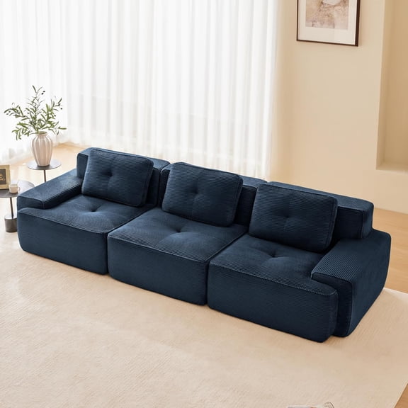 YWEN Boneless Couch Modular Sectional Sofa, 117" Modern Cloud Couch with Deep Seat, Comfy Corduroy Sectional Couches for Living Room, 3 Seater Tufted Floor Sofa with Anti-Slip,No Assembly, Blue