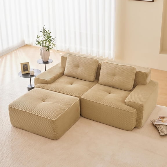YWEN Boneless Couch Modular Sectional Sofa 82" Loveseat, Modern Cloud Couch with Deep Seat, Corduroy L Shaped Sectional Couches for Living Room, Tufted Floor Sofa with Anti-Slip, No Assembly, Camel