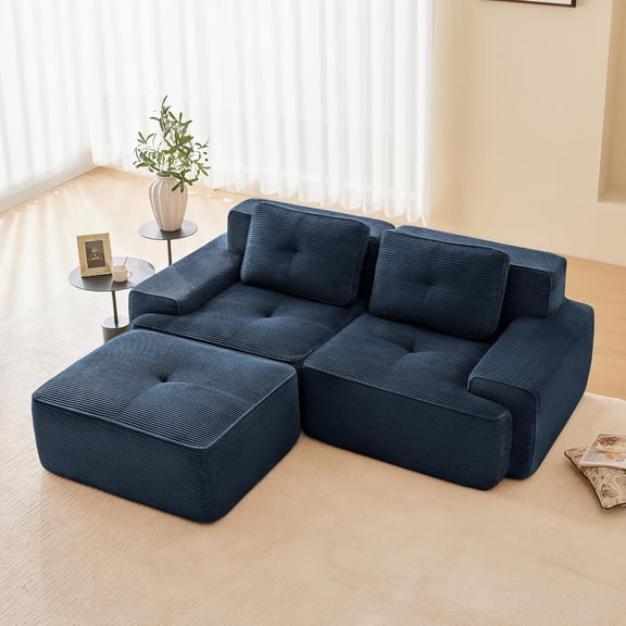 YWEN Boneless Couch Modular Sectional Sofa 82" Loveseat, Modern Cloud Couch with Deep Seat, Corduroy L Shaped Sectional Couches for Living Room, Tufted Floor Sofa with Anti-Slip, No Assembly, Blue
