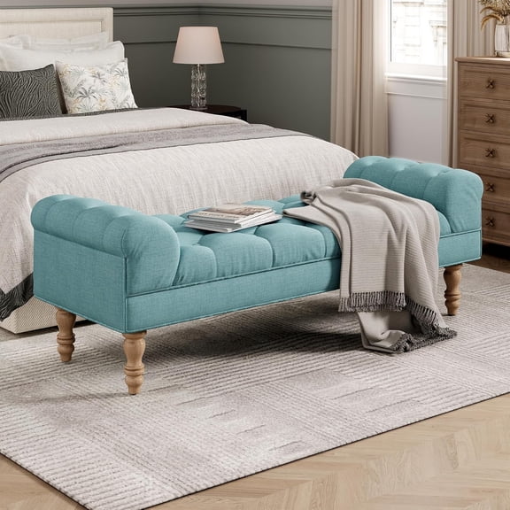 YWEN Button-Tufted End of Bed Bench, Large Upholstered Ottoman, Foot Rest with Legs, Footstool with Rolled Arms, for Bedroom, Living Room, Entryway