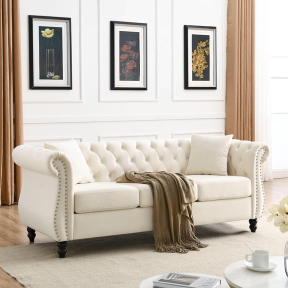 YWEN Chesterfield Sofa, Retro Style Upholstered 3 Seater Velvet Couch with Rolled Arm for Living Room Bedroom Office Apartment