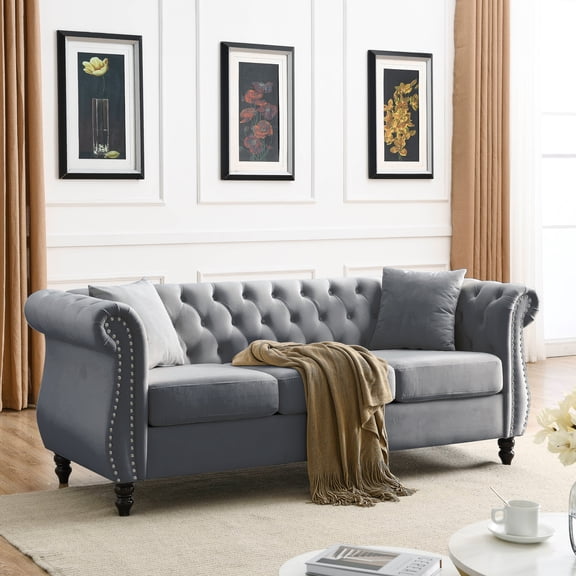 YWEN Chesterfield Sofa, Retro Style Upholstered 3 Seater Velvet Couch with Rolled Arm for Living Room Bedroom Office Apartment