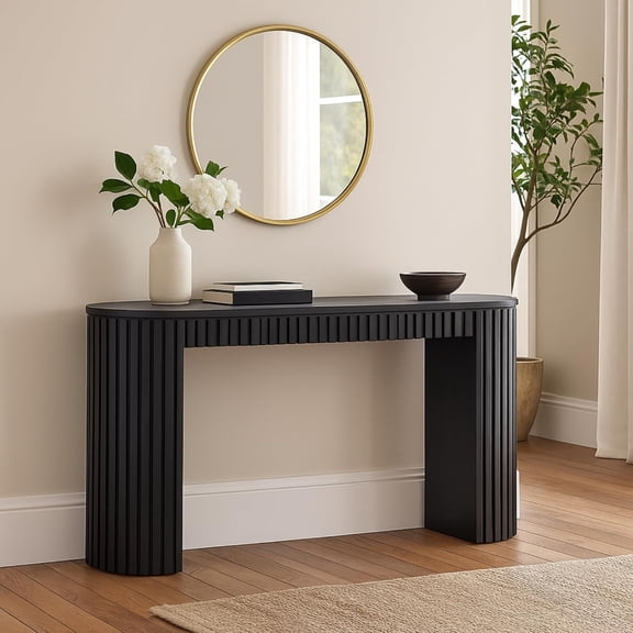 YWEN Console Table with Drawer, Modern Simple Wood Fluted Entryway Table, Narrow Tall Sofa Table Behind Couch, Oval Thin Entry Table for Living Room, Hallway, Entrance, Foyer