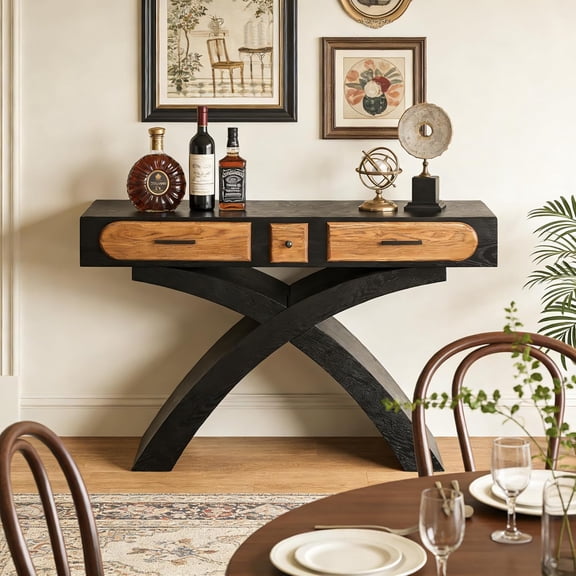 YWEN Console Table with 2 Drawers and Cross Leg, Ashwood Veneered Sofa Table for Entrance Dinning Room Living Room Hallway Black