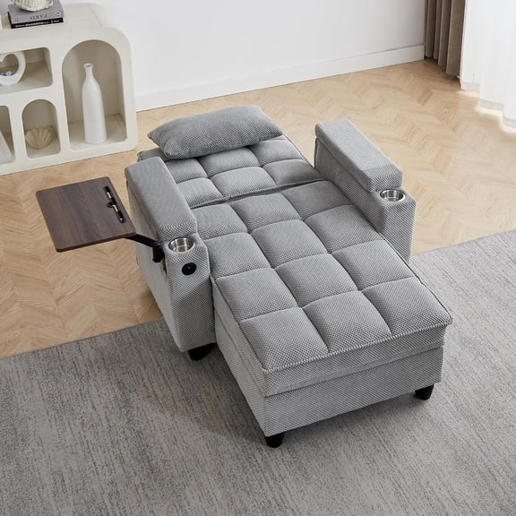 YWEN Convertible Chaise Lounge Sleeper Chair with Storage and 6-Position Reclining Backrest,Modern Tufted Recliner Lounge Chaise Chair with Swivel Tray Table & USB Port for Living Room