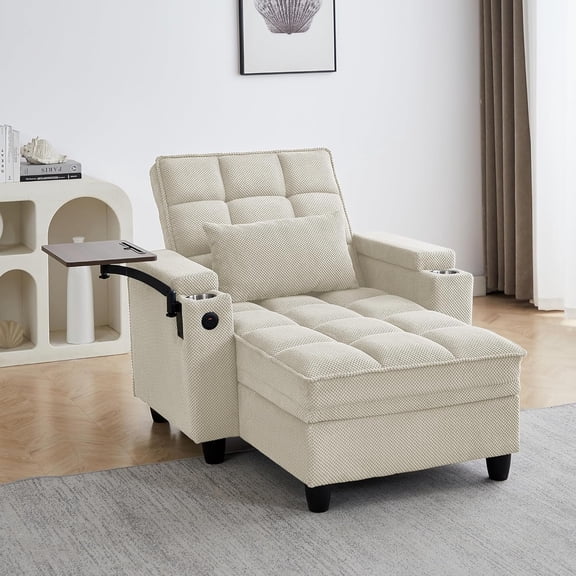 YWEN Convertible Chaise Lounge Sleeper Chair with Storage and 6-Position Reclining Backrest,Modern Tufted Recliner Lounge Chaise Chair with Swivel Tray Table & USB Port for Living Room