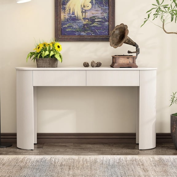 YWEN Elegant Entryway Table with Fluted Design,Console Table with Oval Top and 2 Drawers,for Entryway Hallway Living Room Foyer Corridor