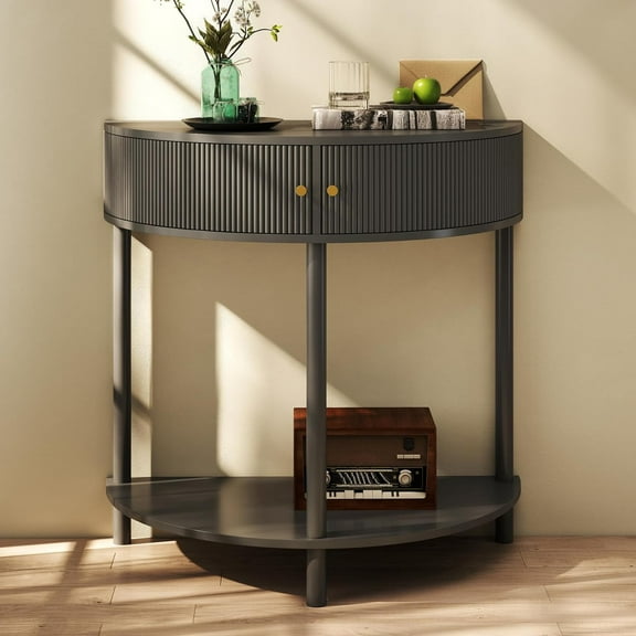 YWEN Entryway Table, Artisan-Crafted Half Moon Fluted Console Tables with 2 Rattan Storage,Small Half Circle Tables for Hallway, Narrow Round Accent Decort Table for Living Room