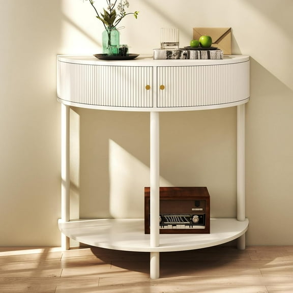YWEN Entryway Table, Artisan-Crafted Half Moon Fluted Console Tables with 2 Rattan Storage,Small Half Circle Tables for Hallway, Narrow Round Accent Decort Table for Living Room