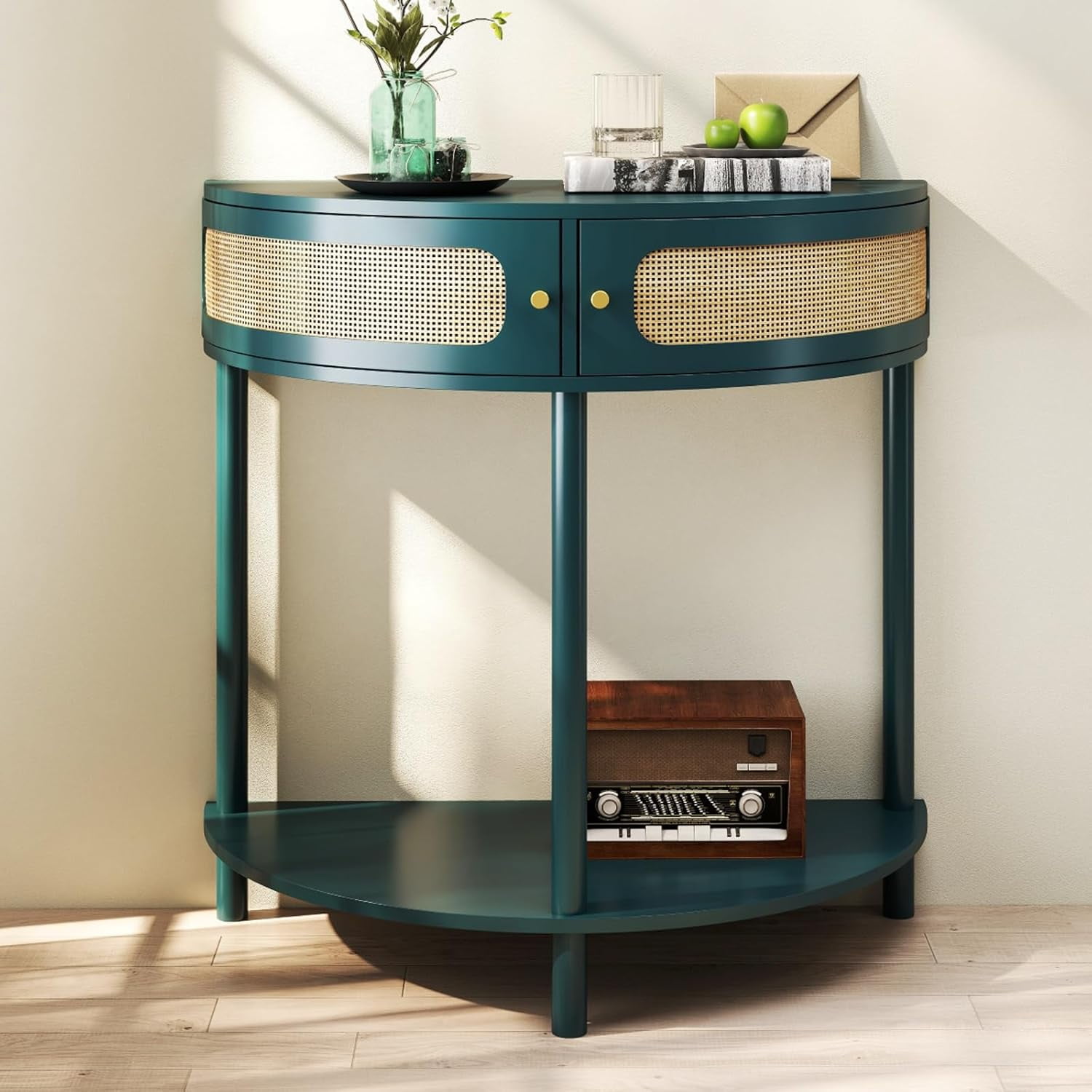 YWEN Entryway Table, Half Moon Entry Way Console Tables with 2 Rattan