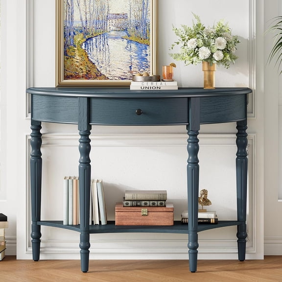 YWEN Farmhouse Half Moon Console Table with Drawer & Shelf, Narrow Demilune Entryway Table, Solid Wood Legs Rustic Sofa Table for Entryway, Living Room, Hallway & Foyer,Partial Assembly