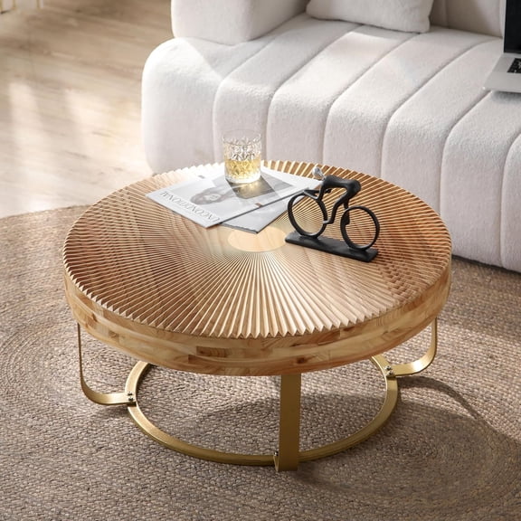 YWEN Farmhouse Round Coffee Table for Living Room, Small Side End Table, Wood Radial Pattern Rustic Gold Coffee Table, Modern Accent Coffee Table Entry Way Table with Metal Leg, Gold